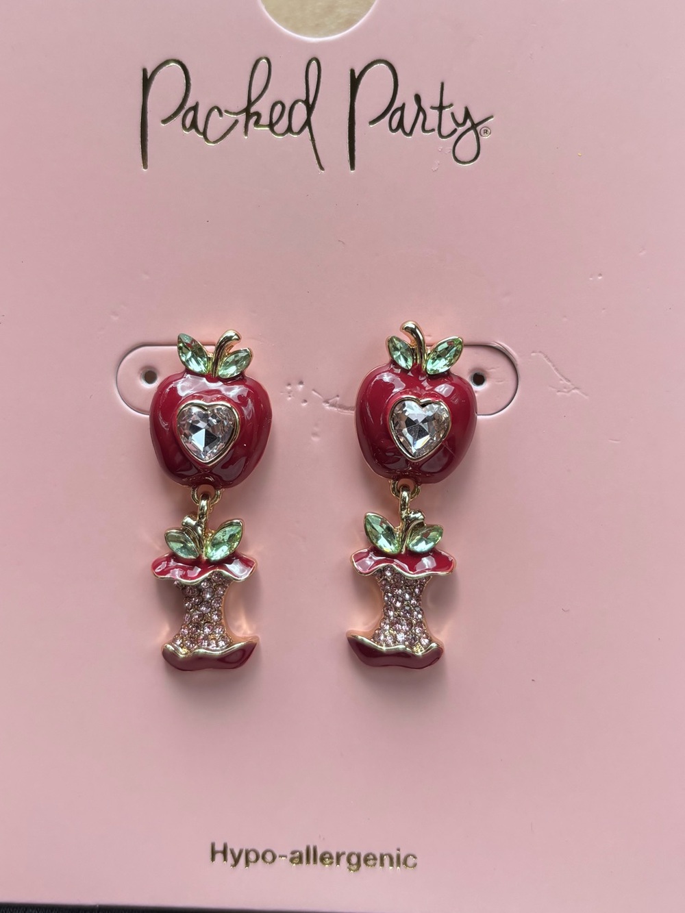 Packed Party Red Apple Dangle Earrings with Green Leaf Accents NWT